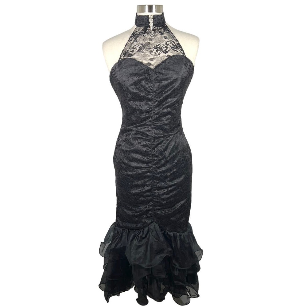 Vintage Dirty Dancing Halter Lace Overlay Cocktail Dress 4 Black Mermaid 1987